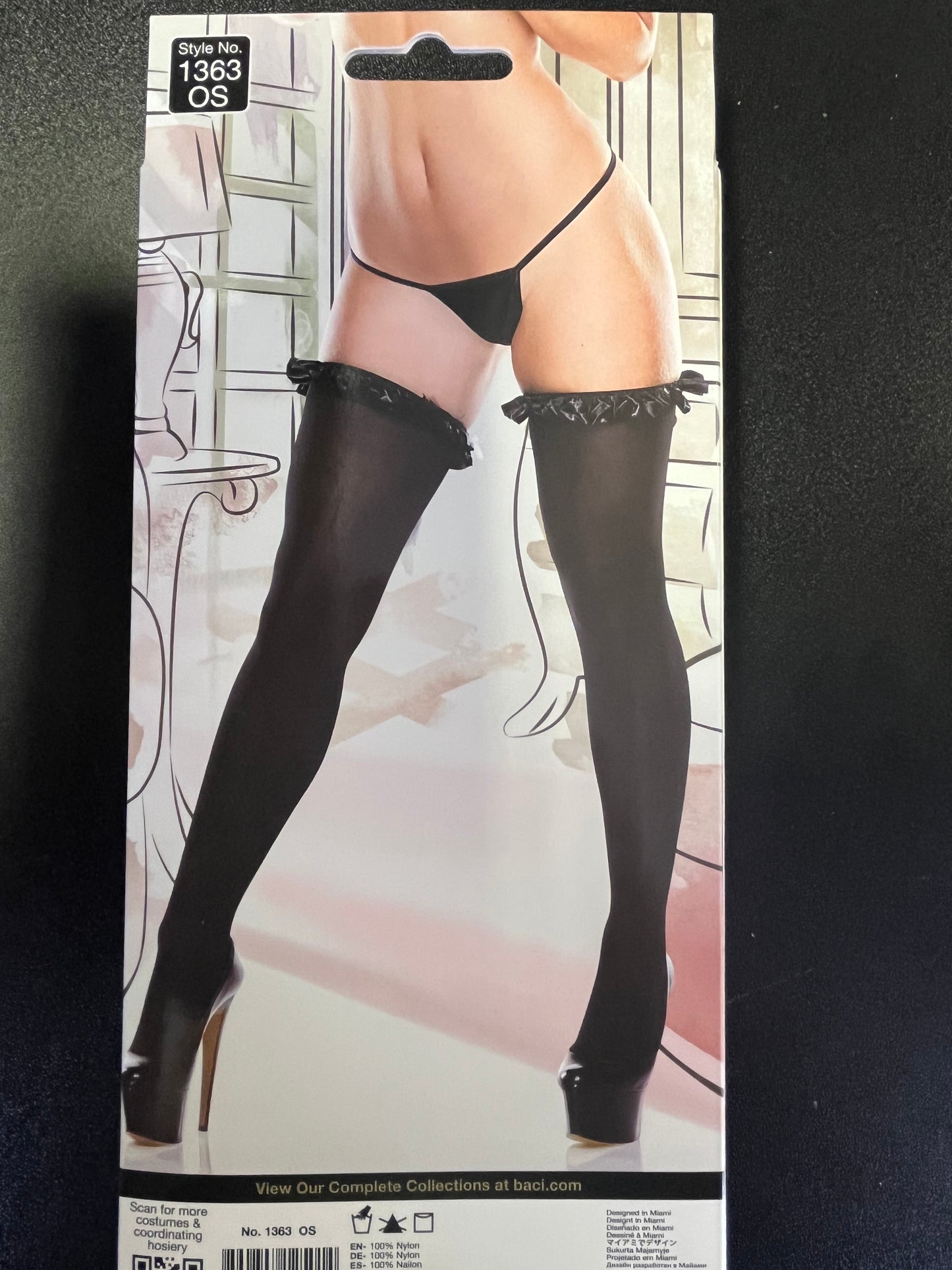Baci Dreams Black Opaque Thigh Hi with Ruffle & White Bow O/S
