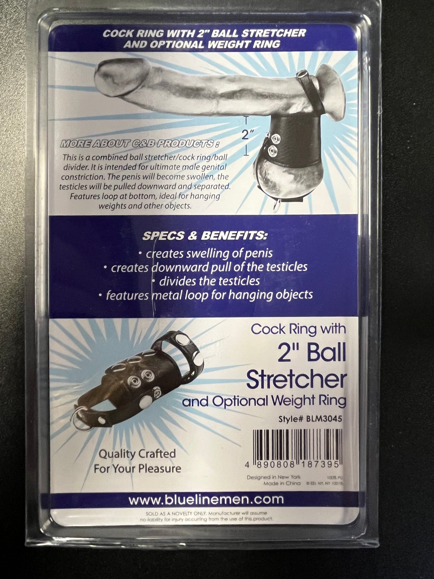 Blue Line Men Cock Ring with 2 Inch Ball Stretcher & Weight Rin
