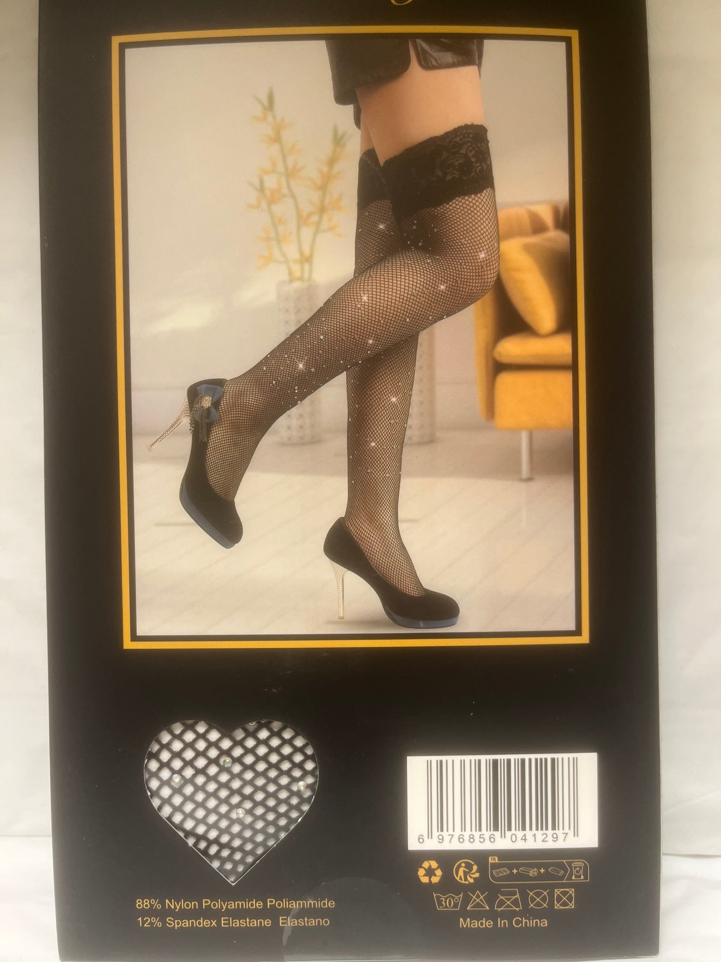 Rhinestone Lace Top Fishnet Thigh Highs H2146