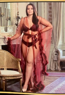 Long Sleeve Feather Robe & Panty in Red