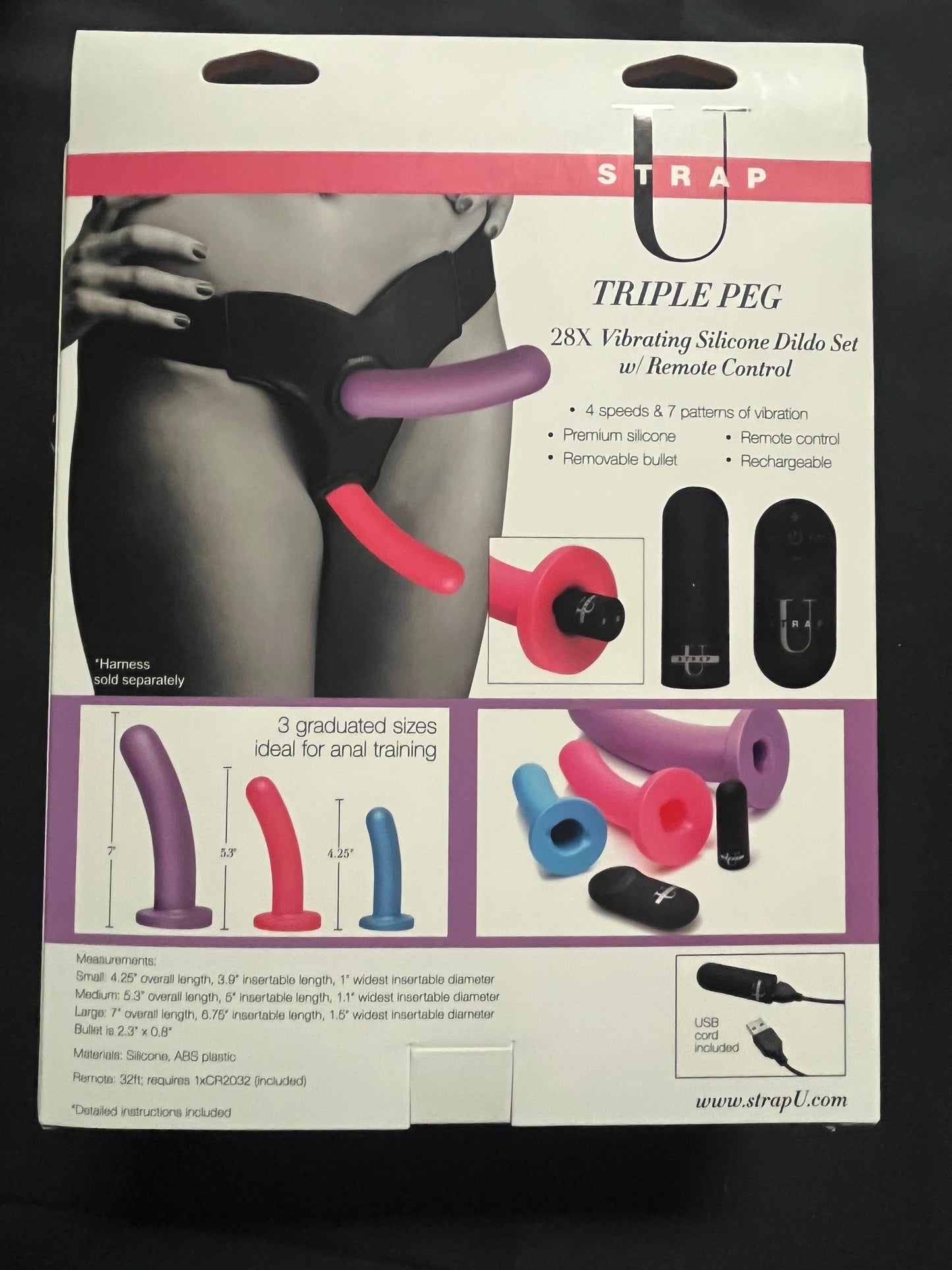 XR Brands Strap U Triple Peg Vibrating Silicone Dildo Set
