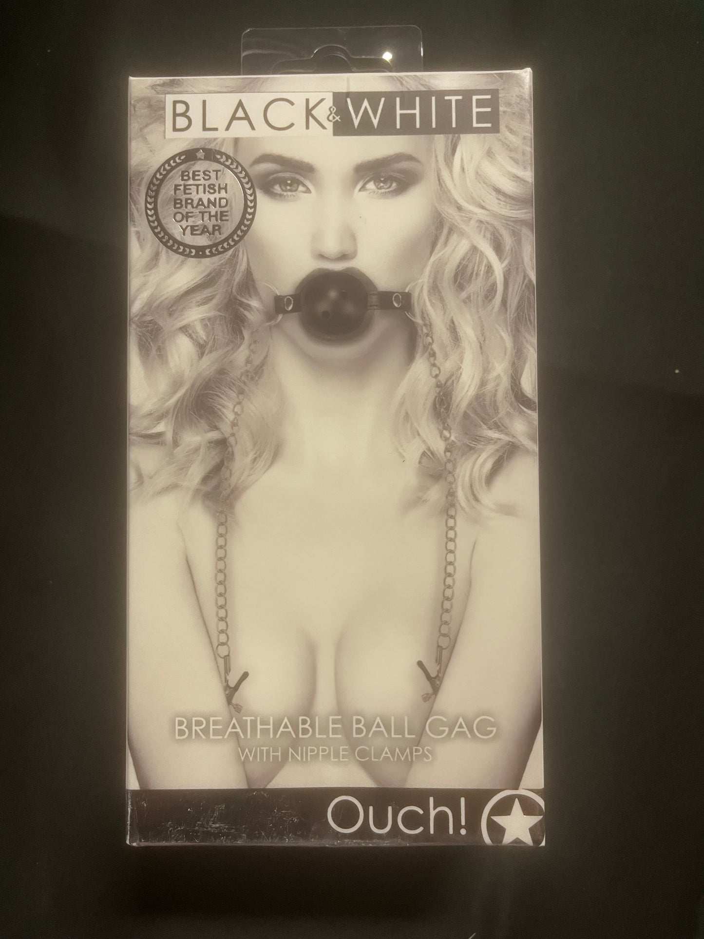 Ouch! Black & White Breathable Ball Gag & Nipple Clamps