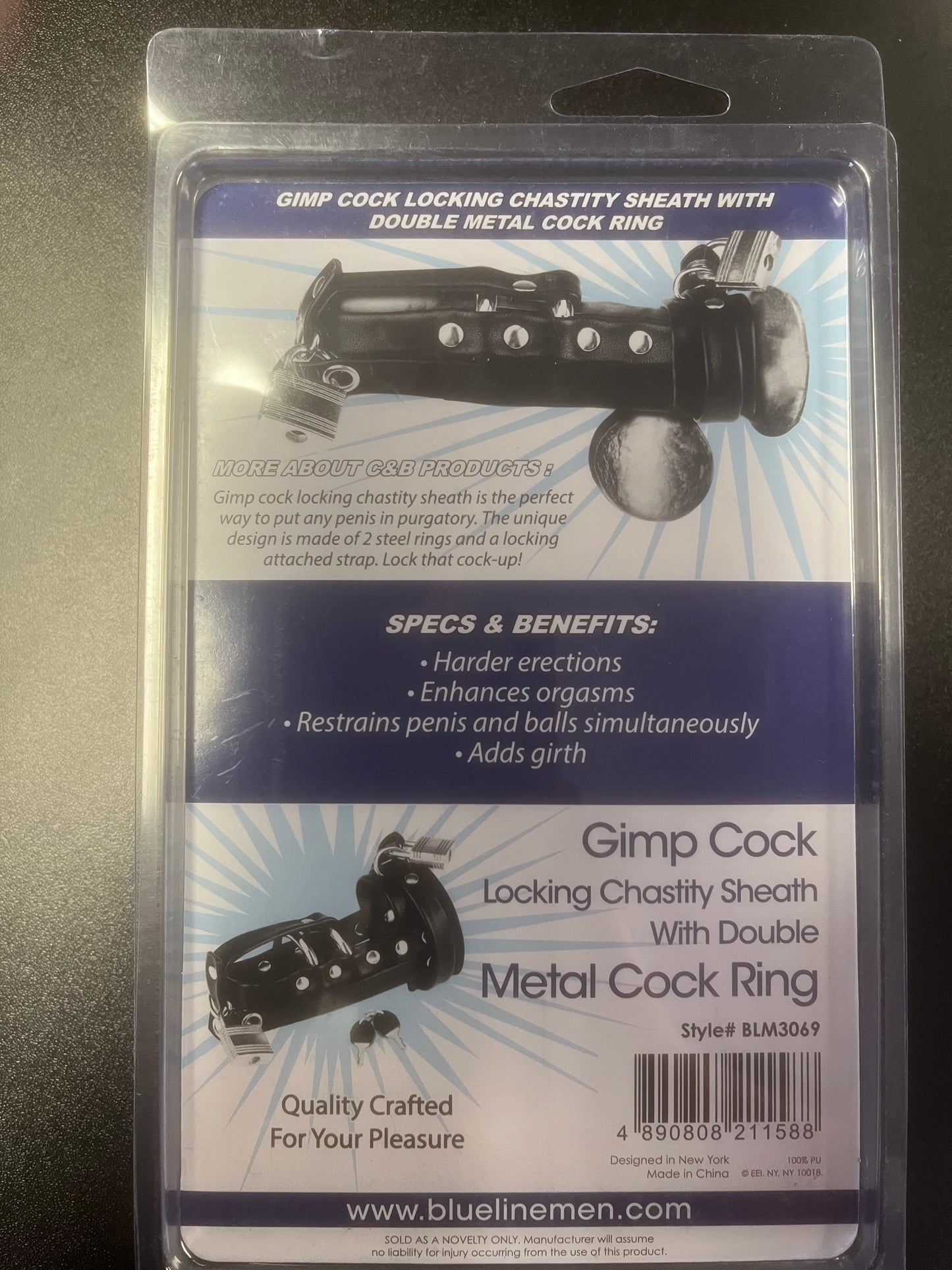 Blue Line C&B Gear Gimp Chastity Sheath with Double Cock Ring and Locks