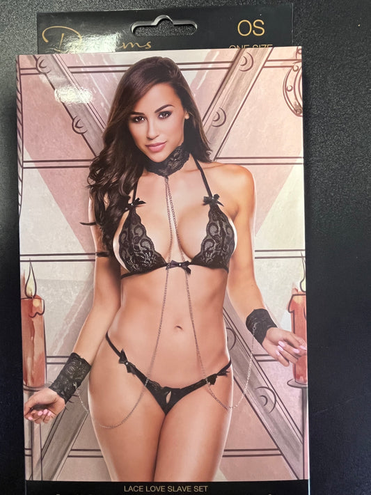 Baci Black Bra/G-String Set with Chained Coller & Cuffs