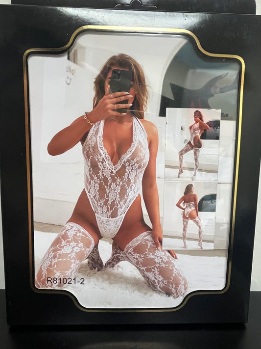 Sheer Lace Peeka-Boo Teddy with Thigh Highs