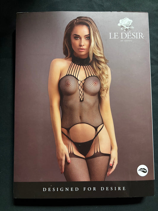 Le Désir Black Suspender Fishnet Choker Bodystocking