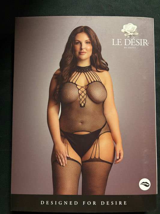 Le Désir Black Suspender Fishnet Choker Bodystocking OSXL