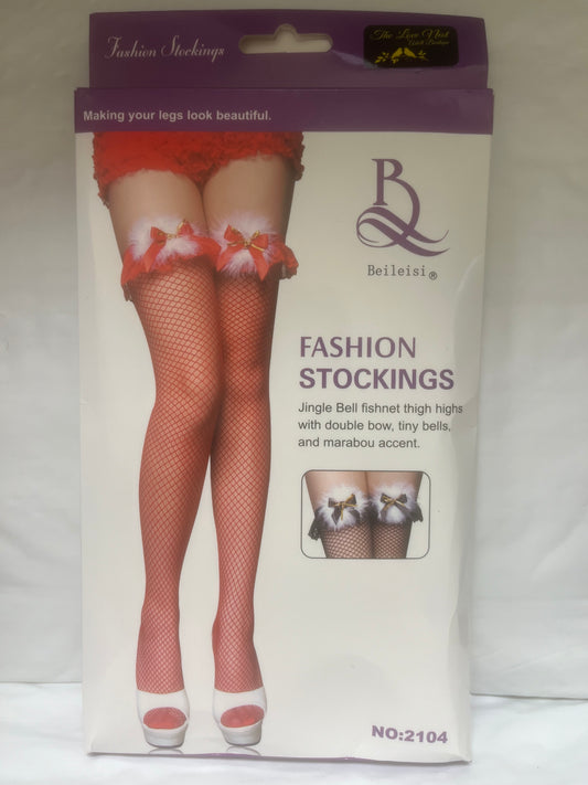 Red Cheerful Fishnets with Holiday Fluff and Bows