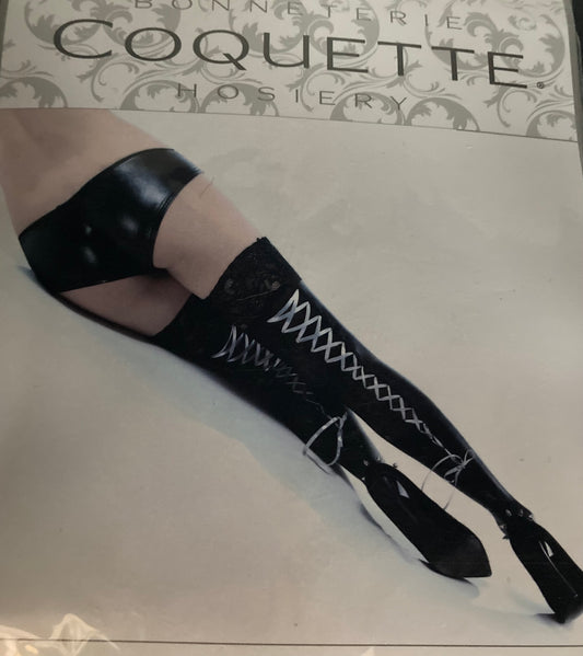 Coquette Wet Look Lace Up Thigh Highs 1732