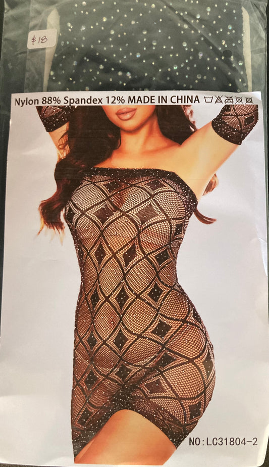 Strapless Chemise Body Net with Arm Sleeves and Rhinestones