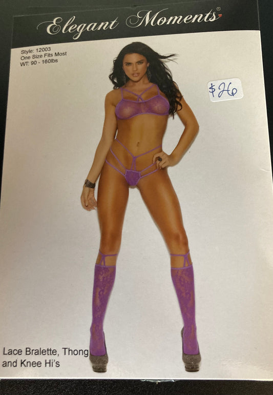 Lilac Three Piece Bra, Thong, and Strappy Knee Highs