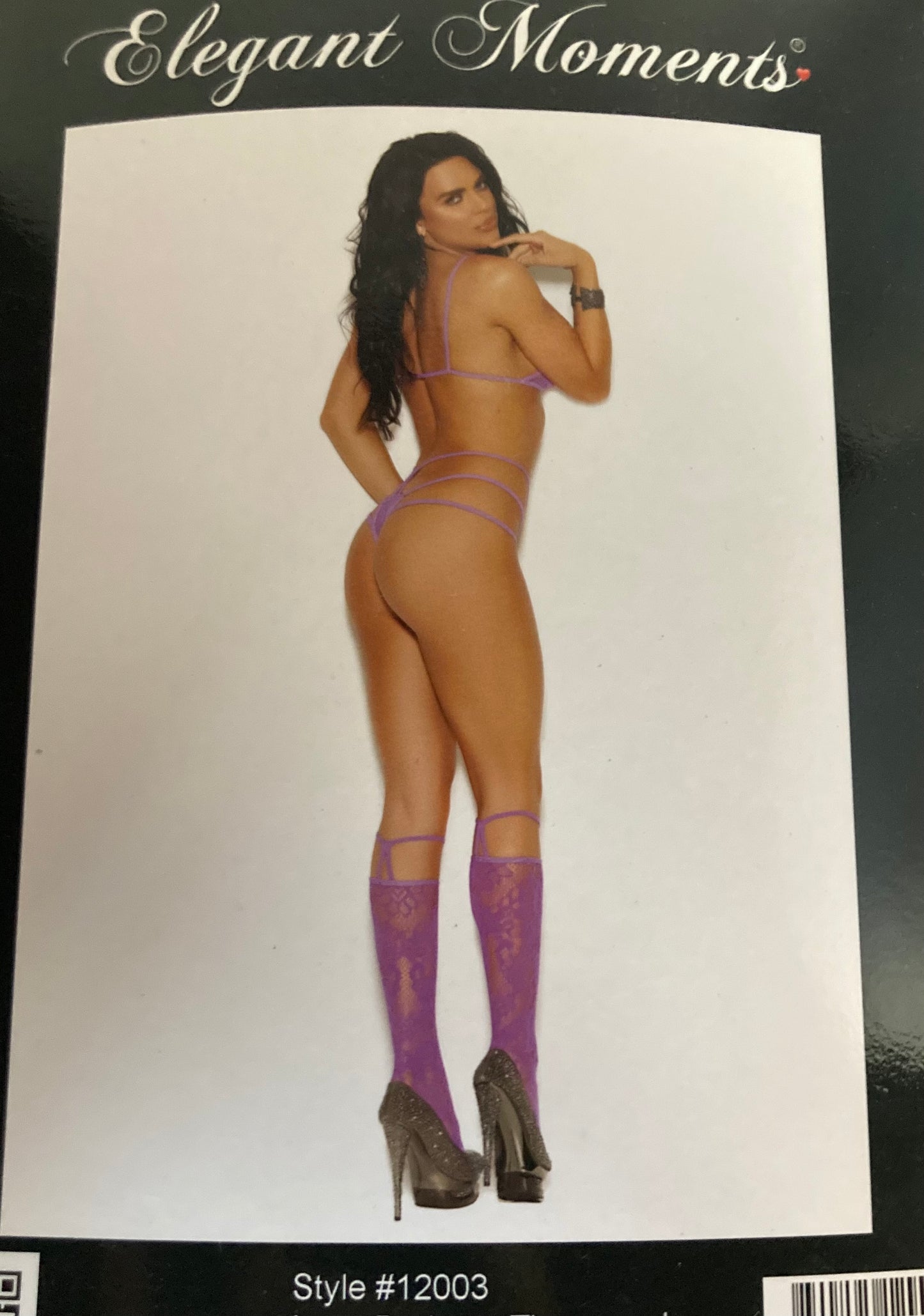 Lilac Three Piece Bra, Thong, and Strappy Knee Highs