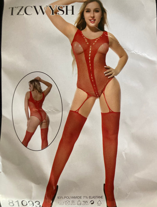 Sexy Red Teddy and Thigh High Body Stocking