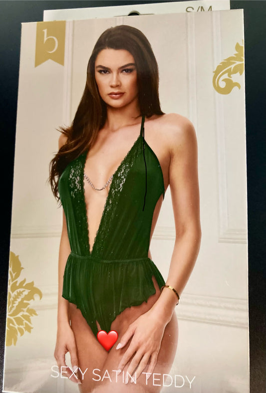 Emerald Satin Crotchless Teddy with Chain