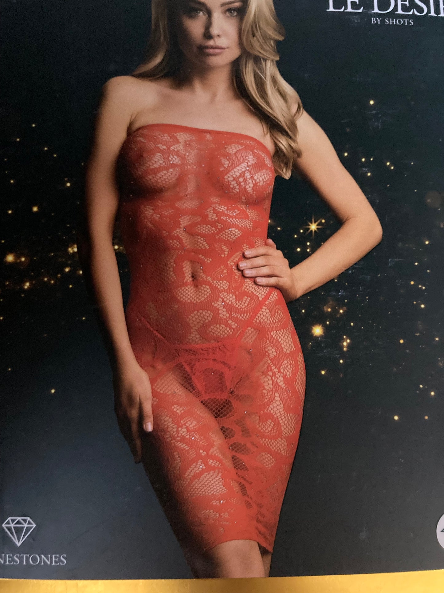 Le Desir Red Strapless Chemise Body Stocking with Rhinestones