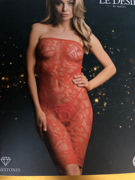 Le Desir Red Strapless Chemise Body Stocking with Rhinestones