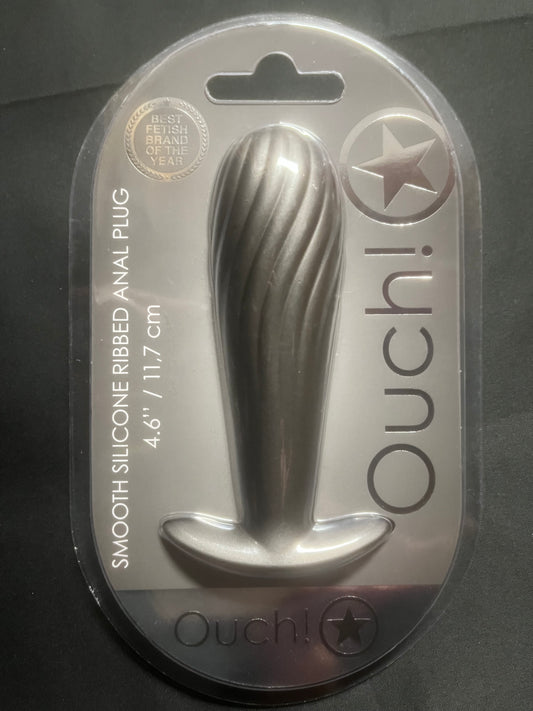 Ouch! Smooth Silicone Ribbed Butt Plug in Gun Metal