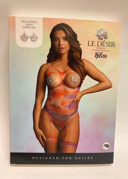 Le Désir Open-Cup Tie Dye Strappy Teddy & Nipple Bling OS