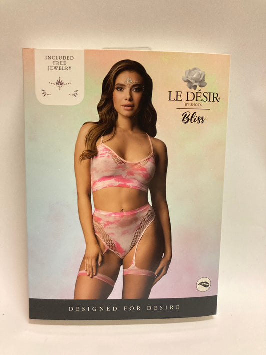 Le Désir 2pc Tie Dye Bra Set With Garters & Face Bling OS