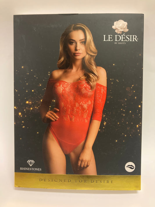 Le Désir Red Presents Rhinestone Off Shoulder Teddy OS
