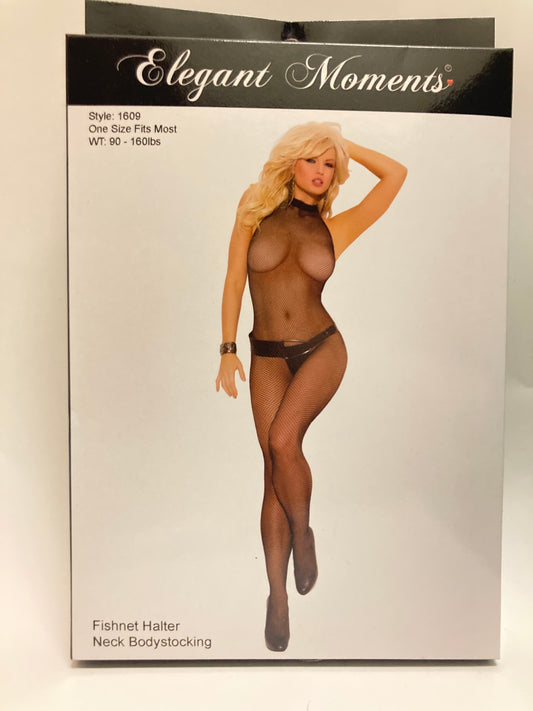Elegant Moments Black Lace Neck Halter-Net Bodystocking OS
