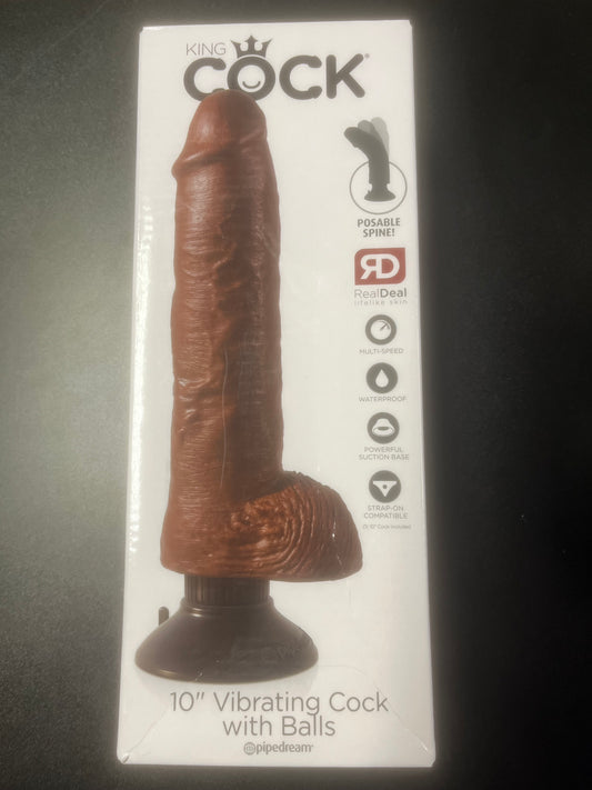 King Cock 10" Vibrating Dildo with Balls in Brown