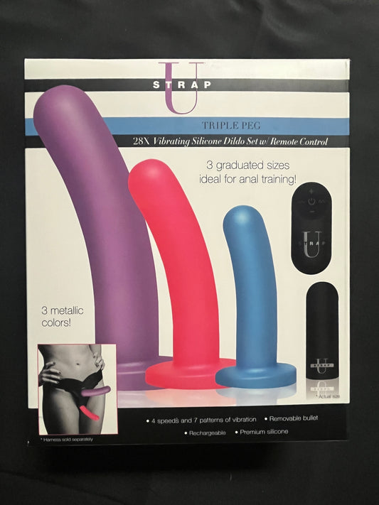 XR Brands Strap U Triple Peg Vibrating Silicone Dildo Set